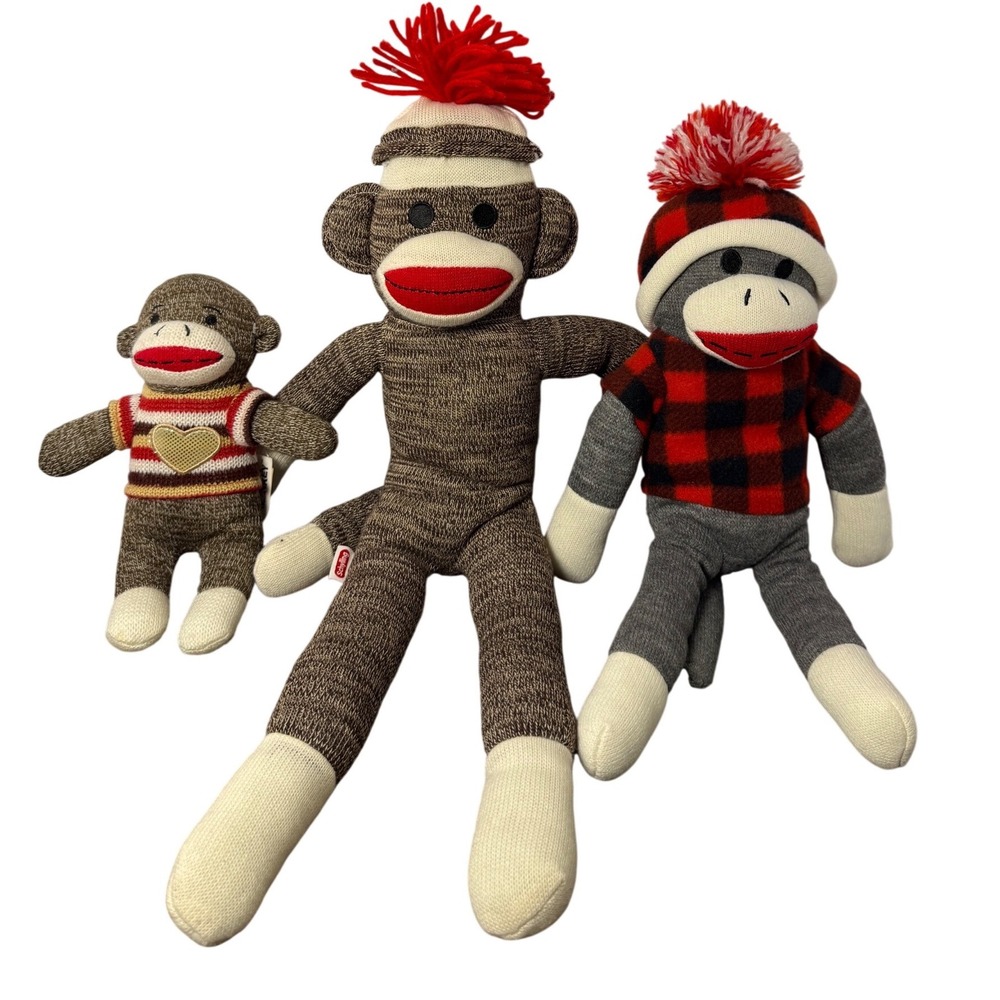 Sock Monkey Plush Lot of 3 Schylling Buffalo Plaid Heart Sweater